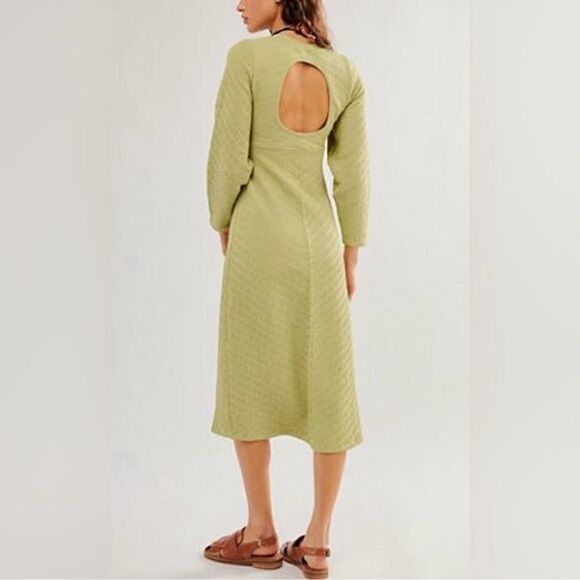 NWOT Free People Gabby Seamless MIDI Dress Green Long Sleeve Texture Open Back - Picture 4 of 11